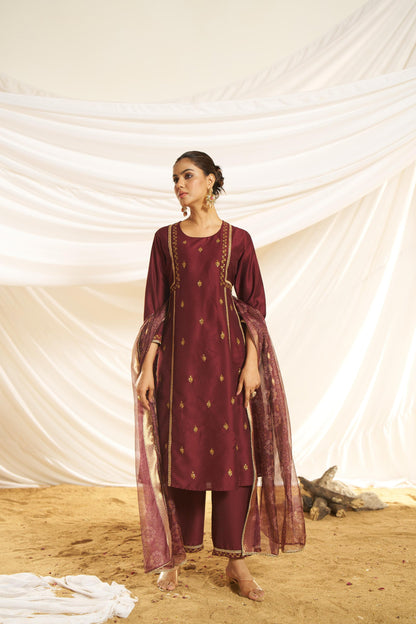 Kayra Maroon Sequins A-Line Suit Set with Lace Borders - Chinnon Silk