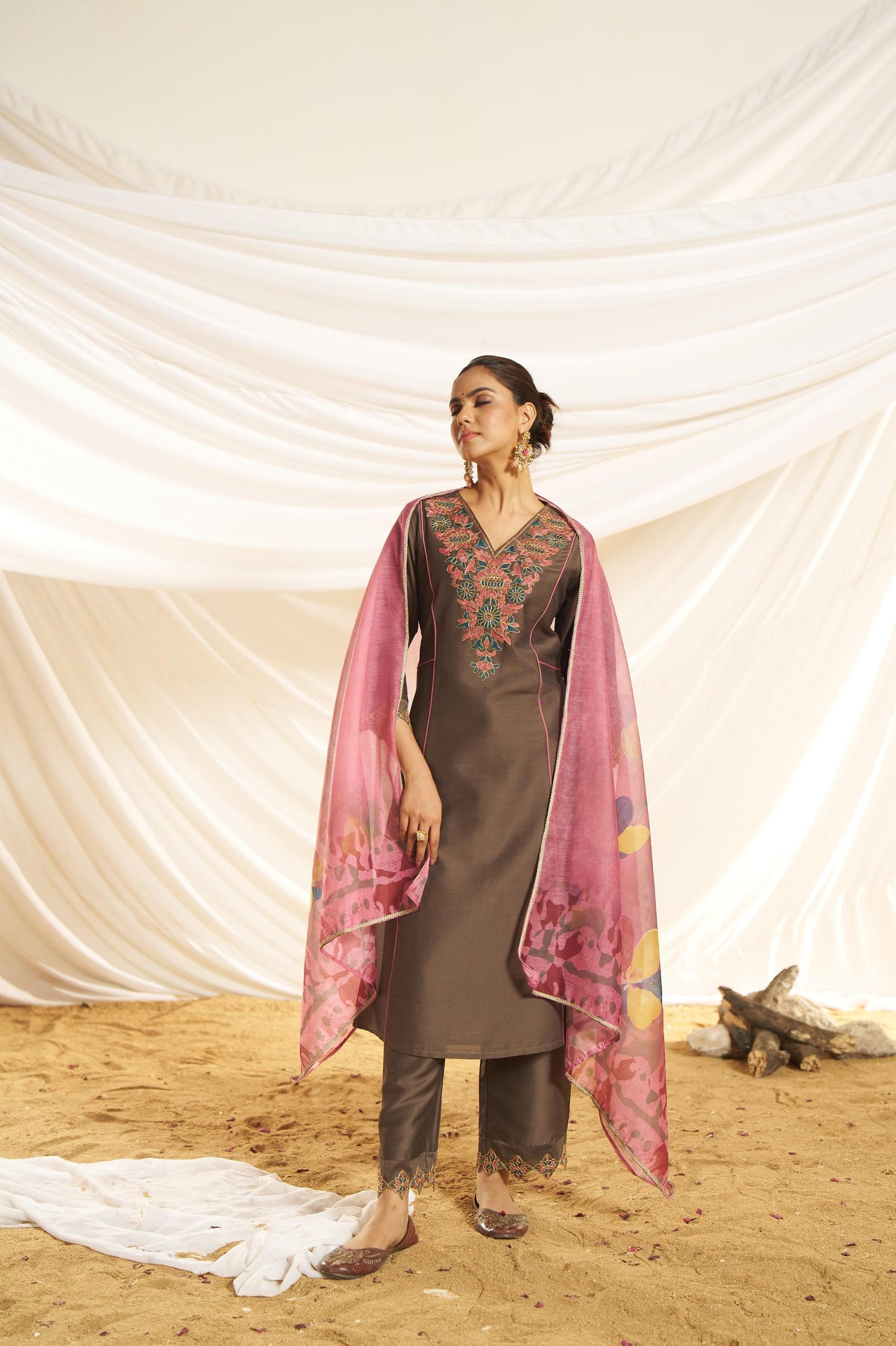 Kayra Brown Beaded Embroidered Chinnon Silk A-Line Suit Set with Cotton Lining