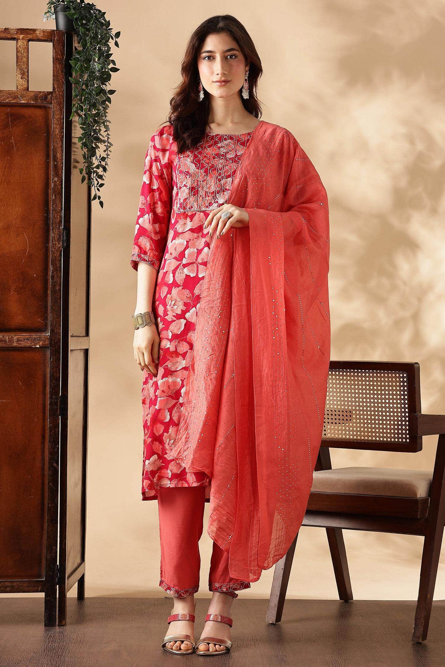 Simar Rayon Fuschia & Rama Kurta Set with Dupatta - Stylish Women’s Ethnic Wear, Comfortable & Vibrant Outfit