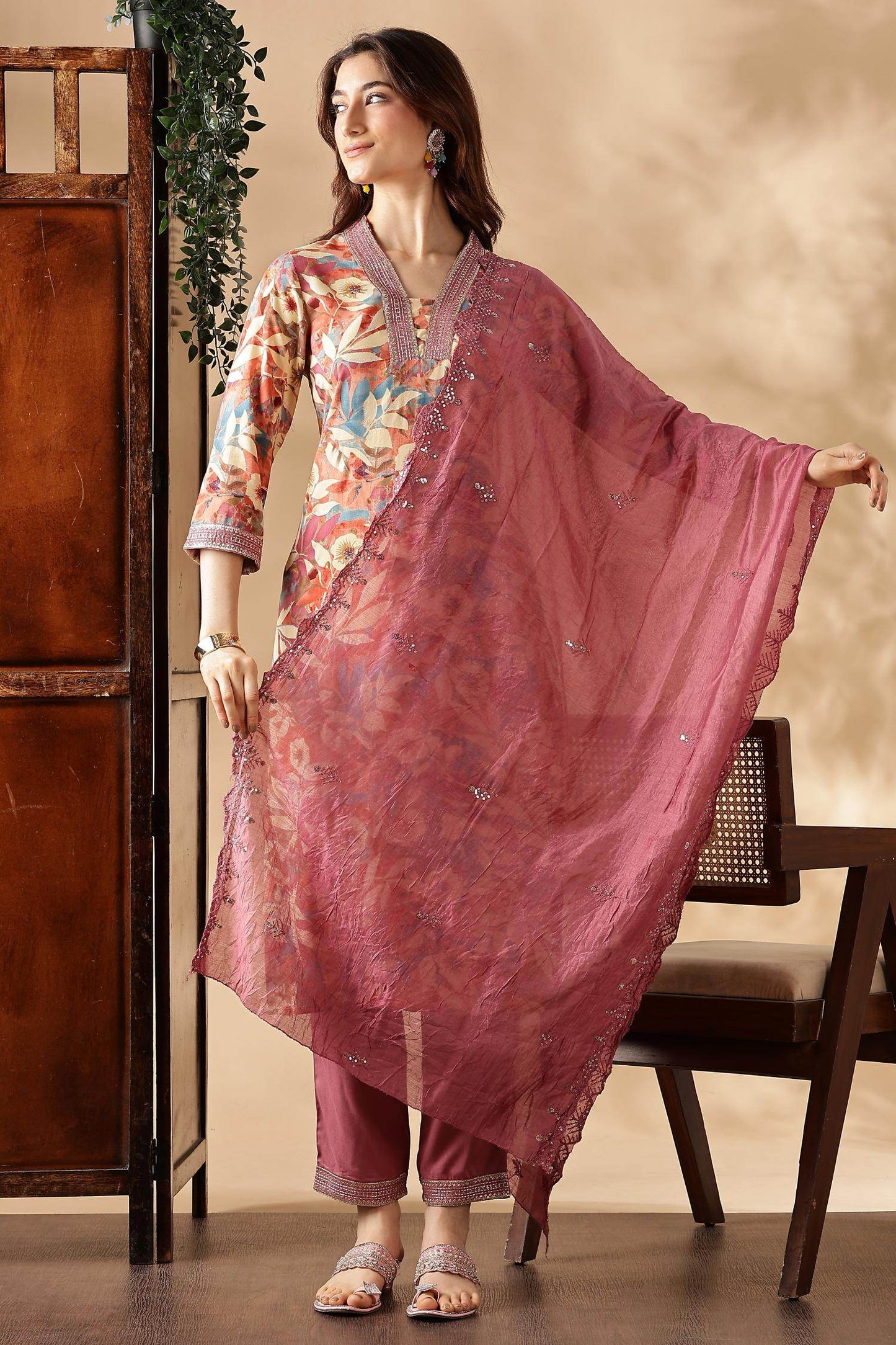 Designer Aafiya Green and Mauve Rayon Kurta with Dupatta Set
