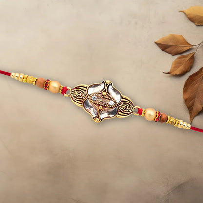 Elegant Floral Designer Rakhi With Gold-toned Beads Red Thread - warehousetech13