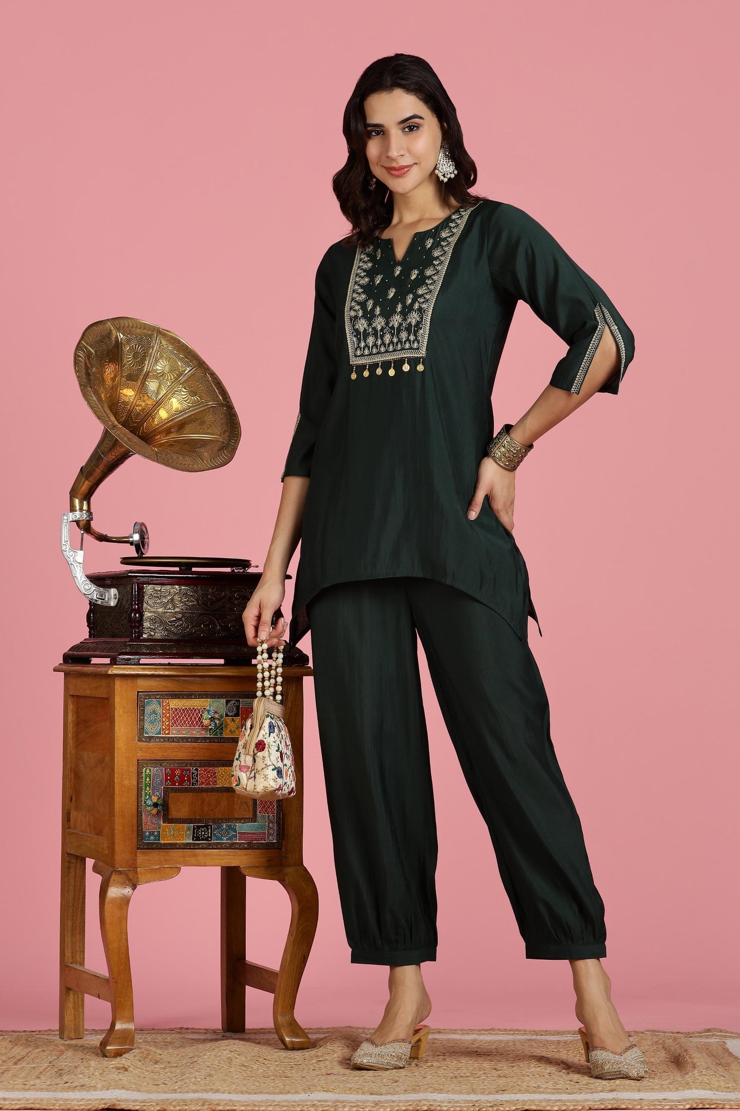 Dark Green Chanderi Silk Kurta Set with Zari Yoke & Coin Embroidery