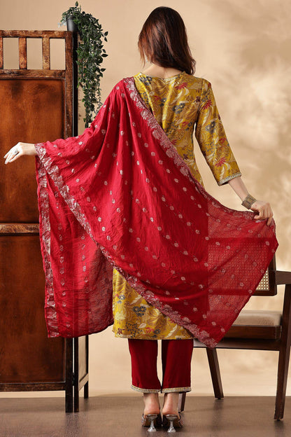 Alfina Yellow & Red Rayon Kurta Set with Dupatta for Women | Festive Ethnic Wear | Stylish Printed Kurta Set