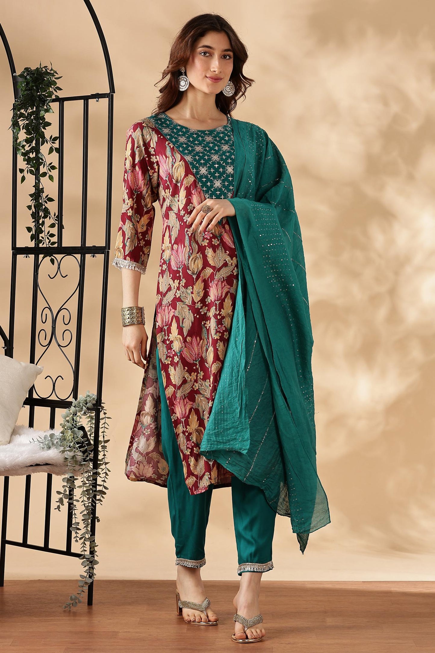 BulBul Areba Printed Wine & Olive Rayon Salwar Suit for Women – Elegant Ethnic Wear Set