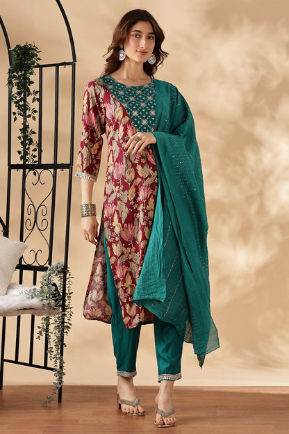 BulBul Areba Printed Wine & Olive Rayon Salwar Suit for Women – Elegant Ethnic Wear Set