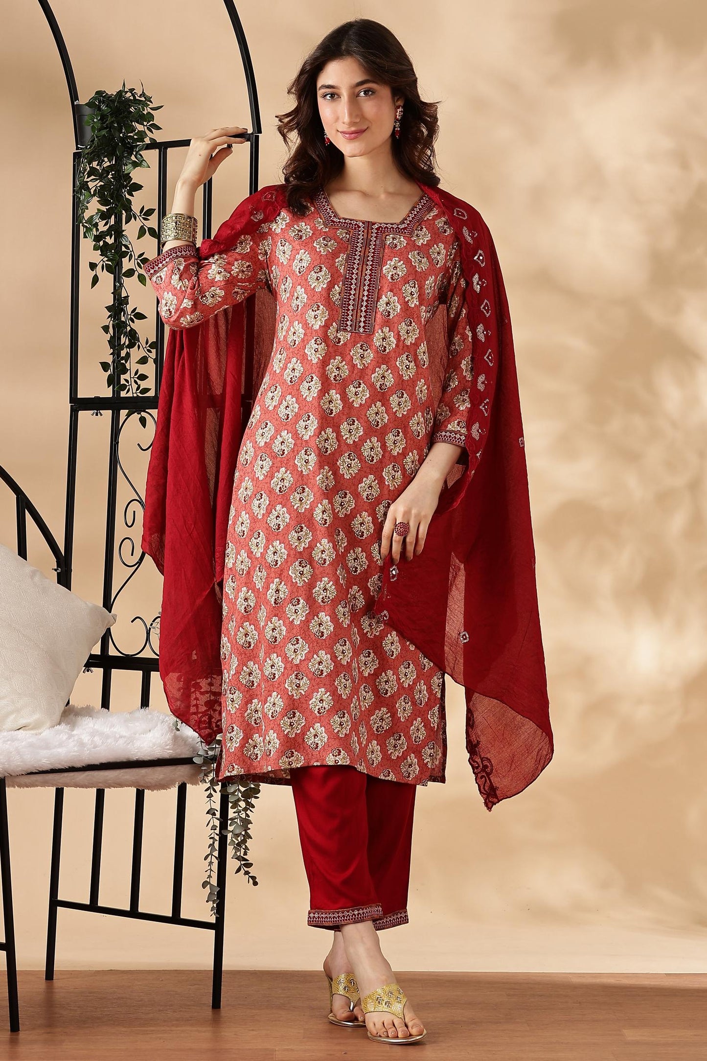 BulBul Shamaira Printed Grey & Rust Rayon Salwar Suit - Lightweight, Stylish Ethnic Wear for Women