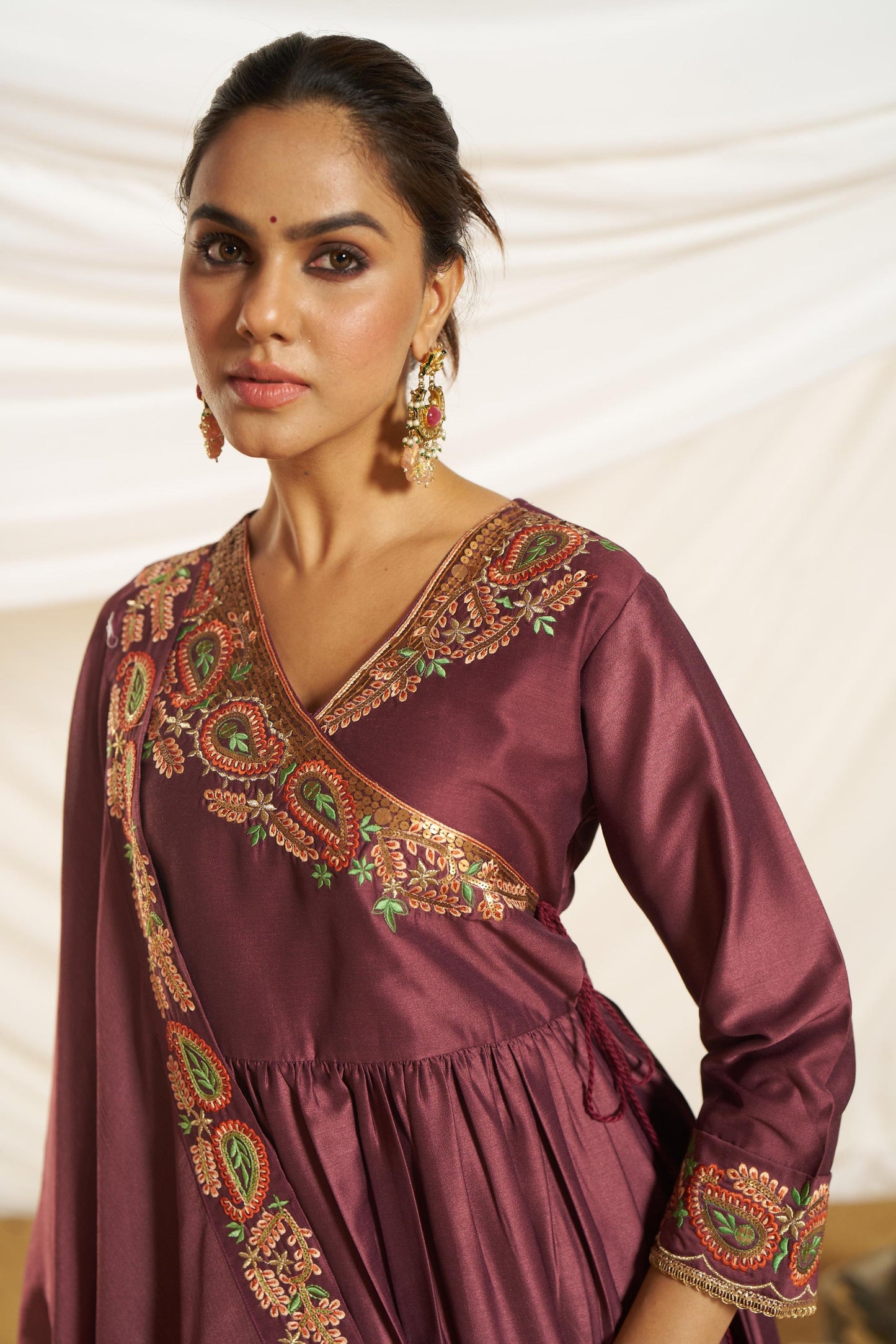 Kayra Wine Paisley Embroidered Sequin Angrakha Silk Suit Set