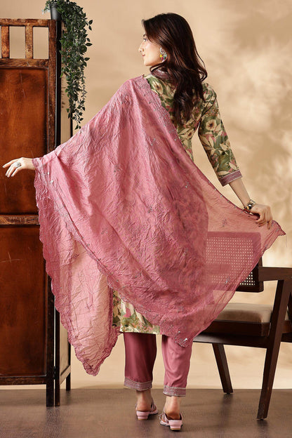 Designer Aafiya Green and Mauve Rayon Kurta with Dupatta Set