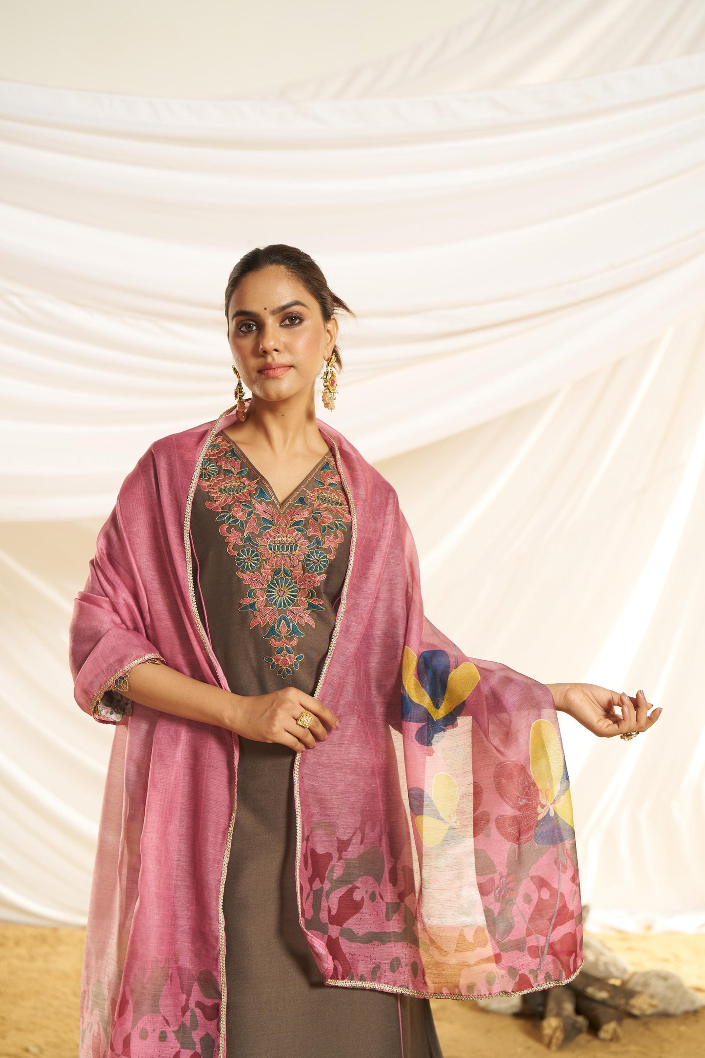 Kayra Brown Beaded Embroidered Chinnon Silk A-Line Suit Set with Cotton Lining