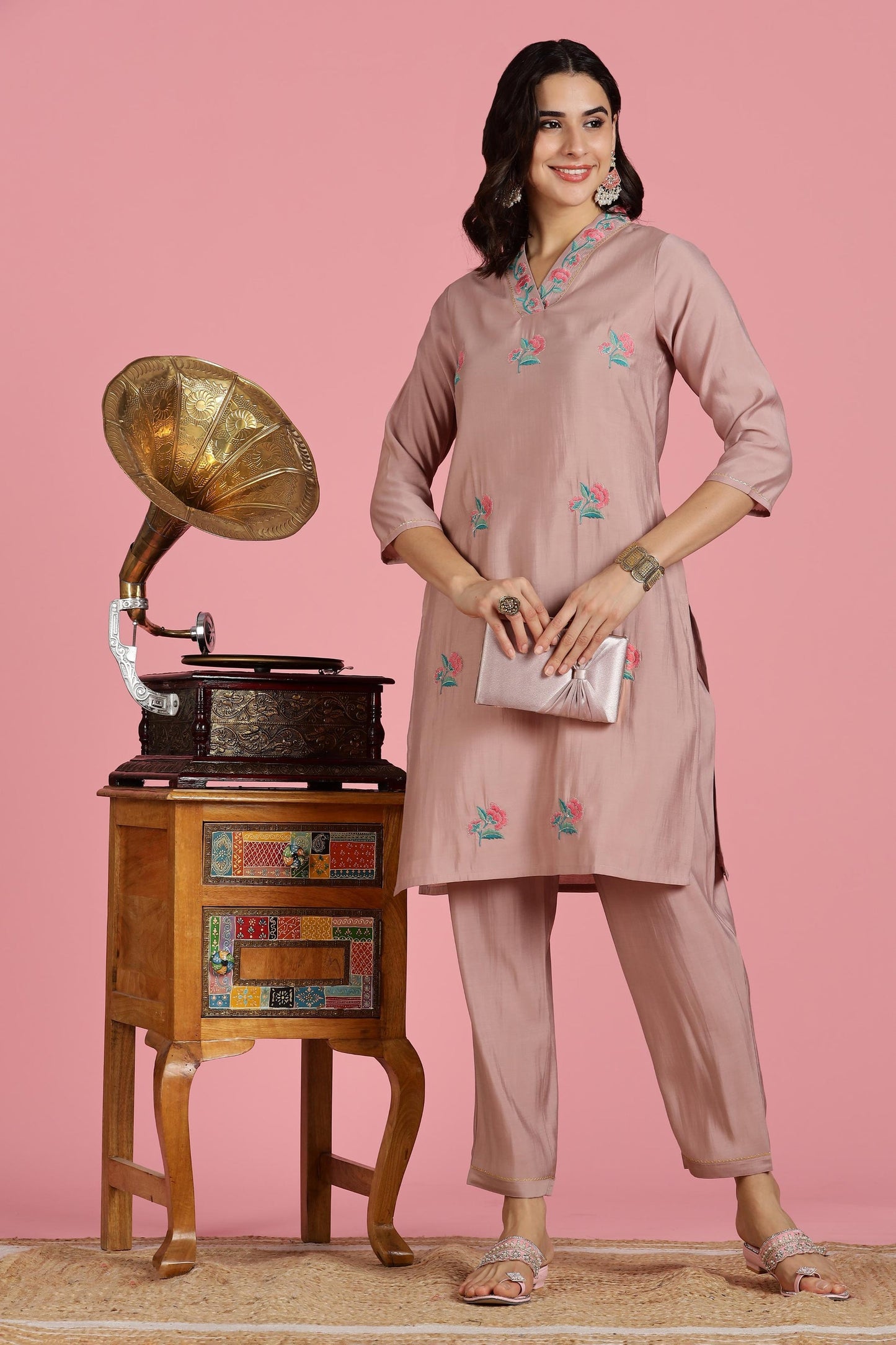 Blush Pink Floral Kota Doriya Kurta Set with Zari Sequin Neckline & Dupatta