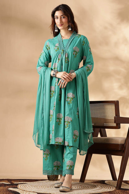 Karishma Cotton Green Kurta Set with Dupatta | Elegant Ethnic Wear for Women