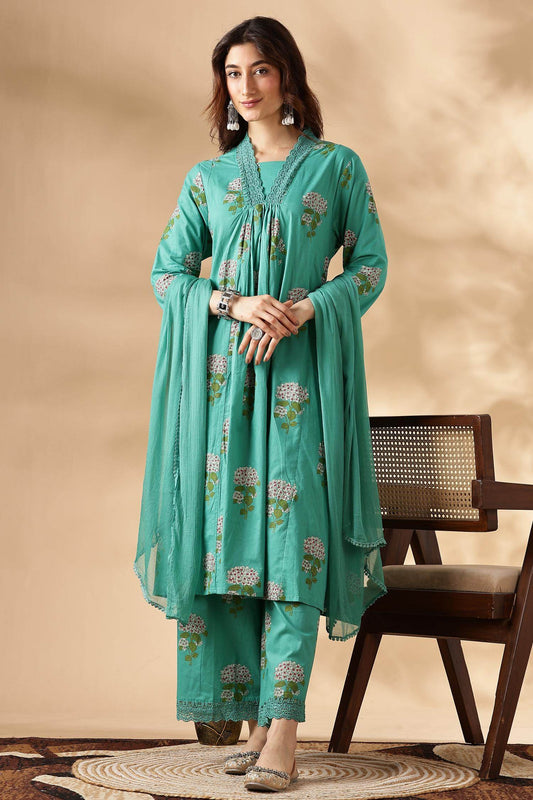 Karishma Cotton Green Kurta Set with Dupatta | Elegant Ethnic Wear for Women