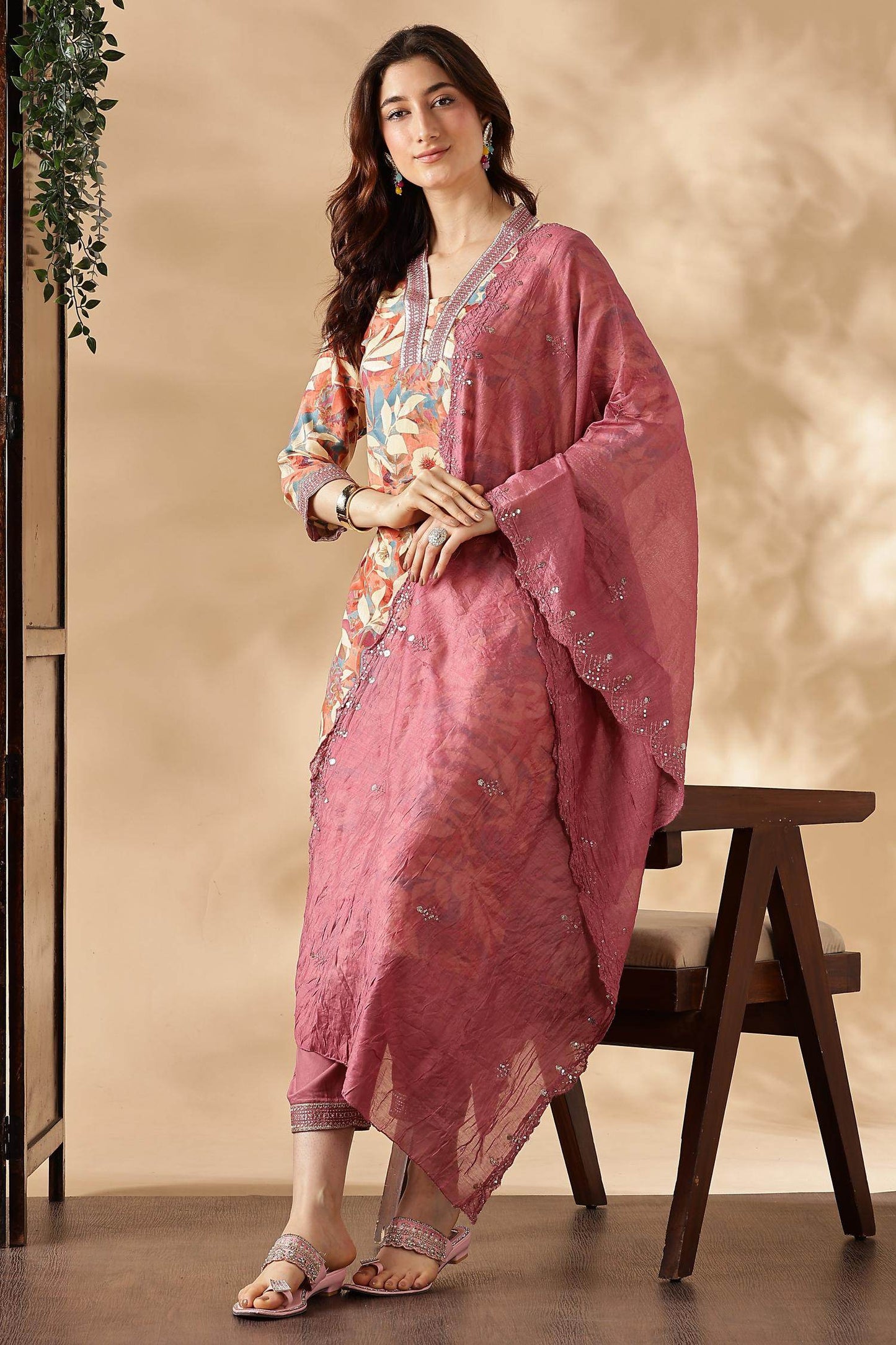 Designer Aafiya Green and Mauve Rayon Kurta with Dupatta Set