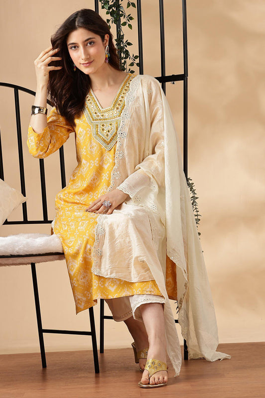 BulBul Sagarika Printed Yellow & Red Rayon Salwar Suit - Soft Breathable Ethnic Wear for Women