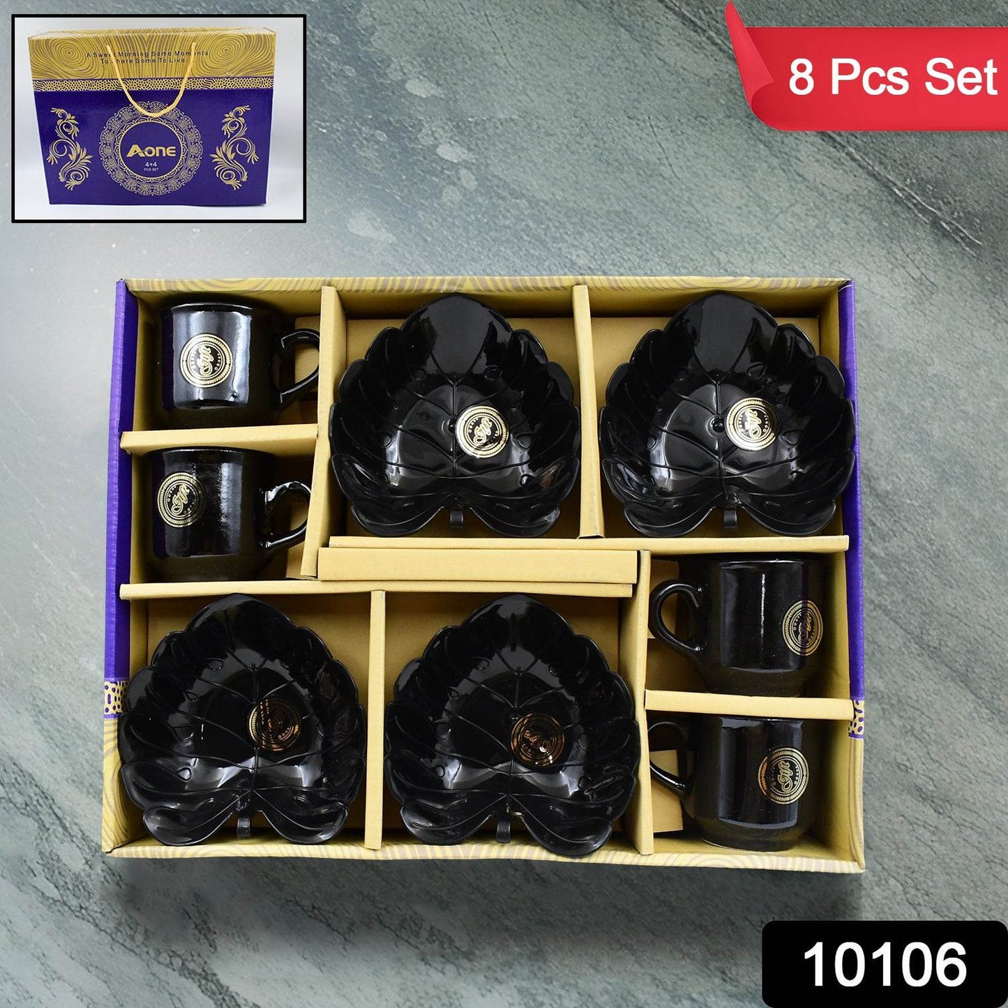 A One Ceramic Tea Cups Mug Set With Leaf Shape Serving Bowl (8 Pcs Set) - warehousetech13