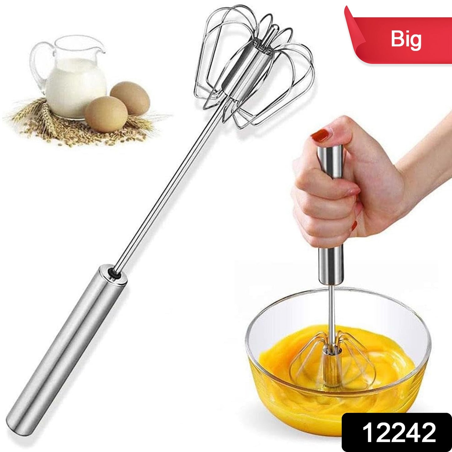 Big Stainless Steel Egg Whisk Hand Push Rotary Whisk Blender (1 Pc 35 Cm) - warehousetech13