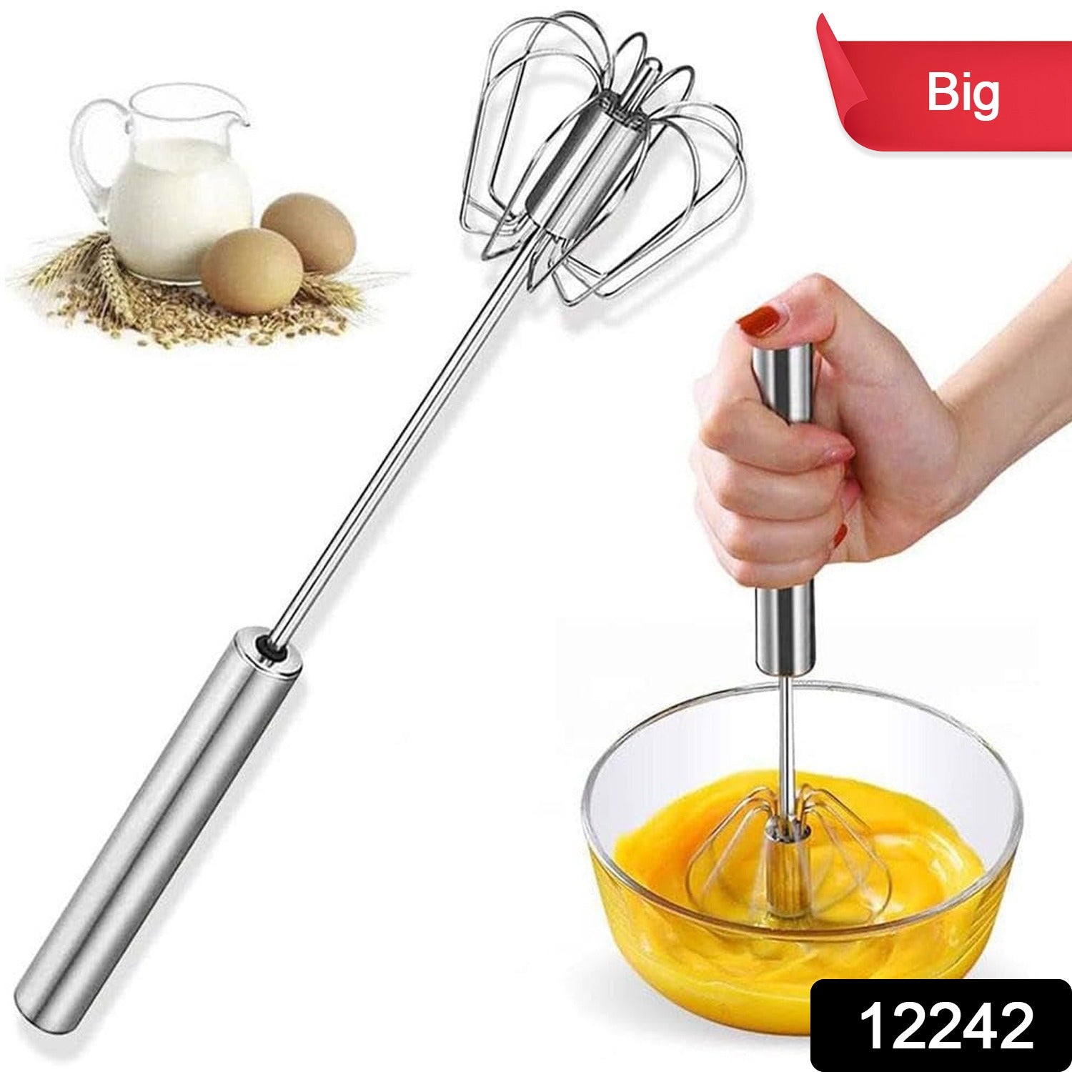 Big Stainless Steel Egg Whisk Hand Push Rotary Whisk Blender (1 Pc 35 Cm) - warehousetech13
