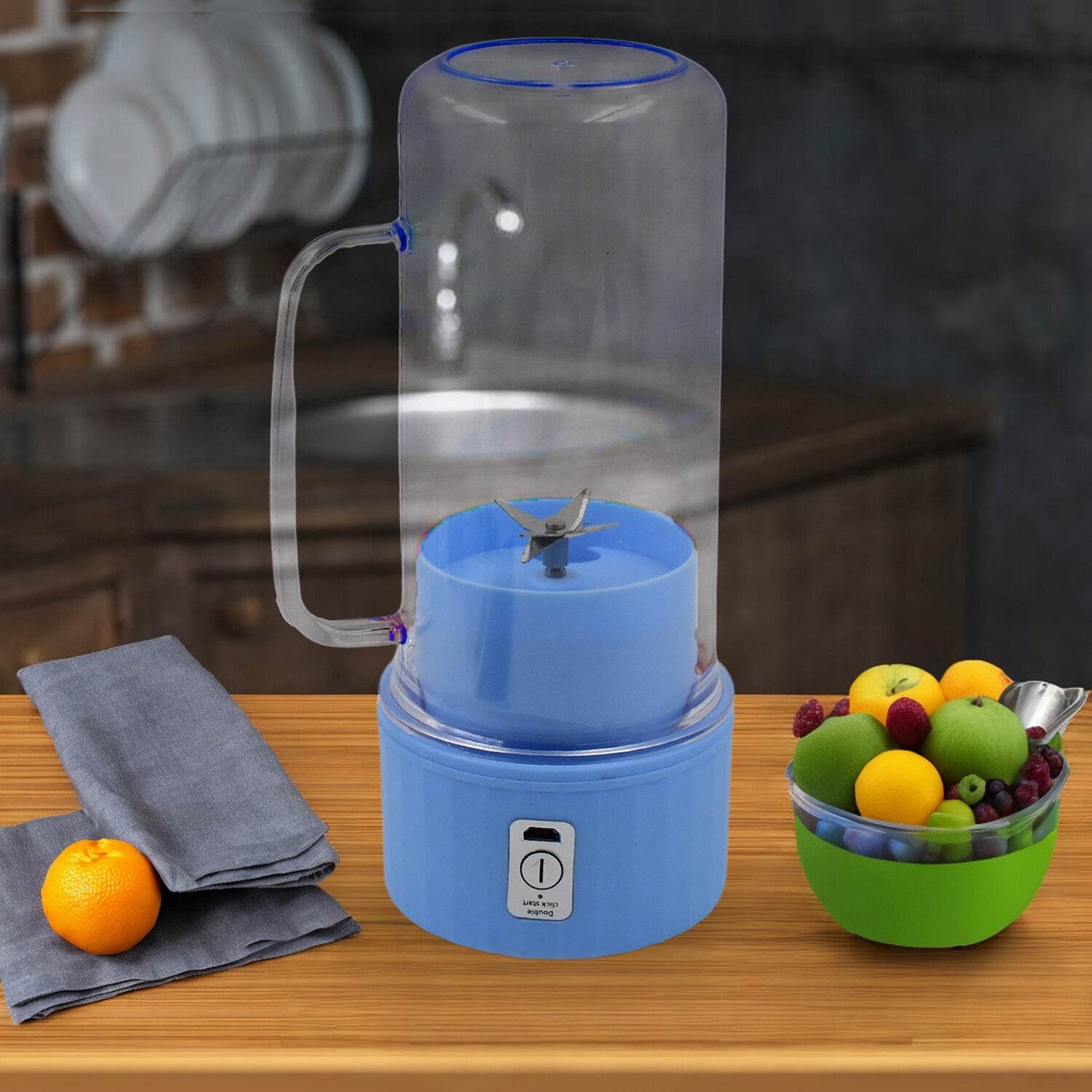 Portable Electric Juicer With Handle Straw Usb Rechargeable 6 Stainless Steel Blades (500 Ml) - warehousetech13