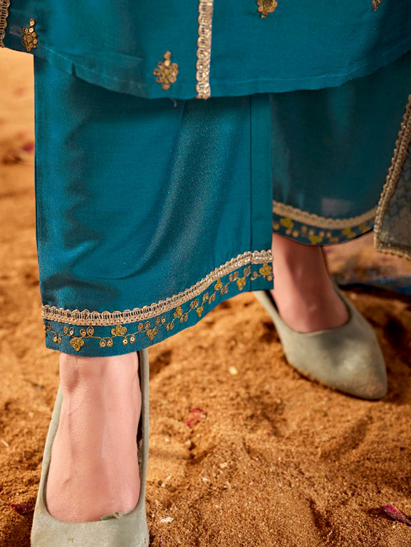 Kayra Teal Sequins A-Line Suit Set - Chinnon Silk with Cotton Lining