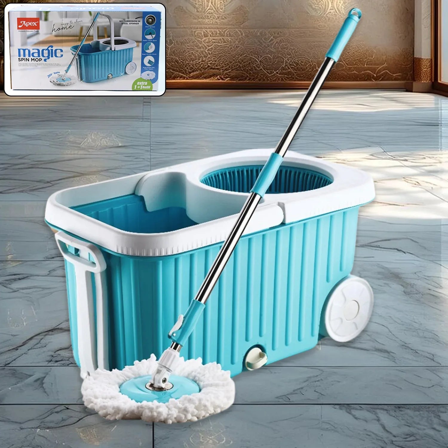 Apex Magic 360 Spin Mop Cleaning System With Stainless Steel Spinner - warehousetech13