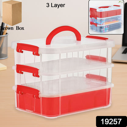 3-layer Multi-purpose Transparent Plastic Storage Carry Box With Handle - warehousetech13