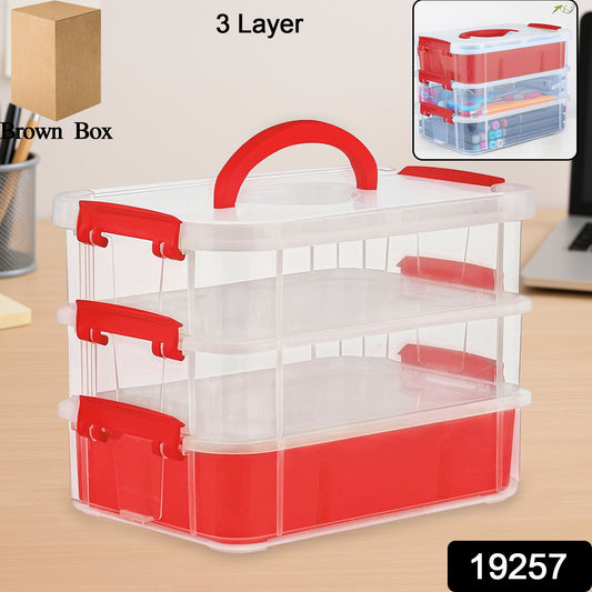 3-layer Multi-purpose Transparent Plastic Storage Carry Box With Handle - warehousetech13