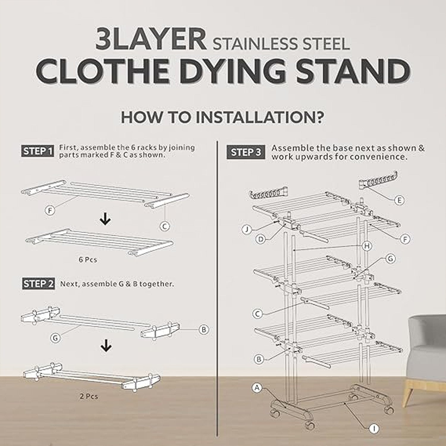 3-tier Foldable Stainless Steel Cloth Drying Stand With Wheels - warehousetech13