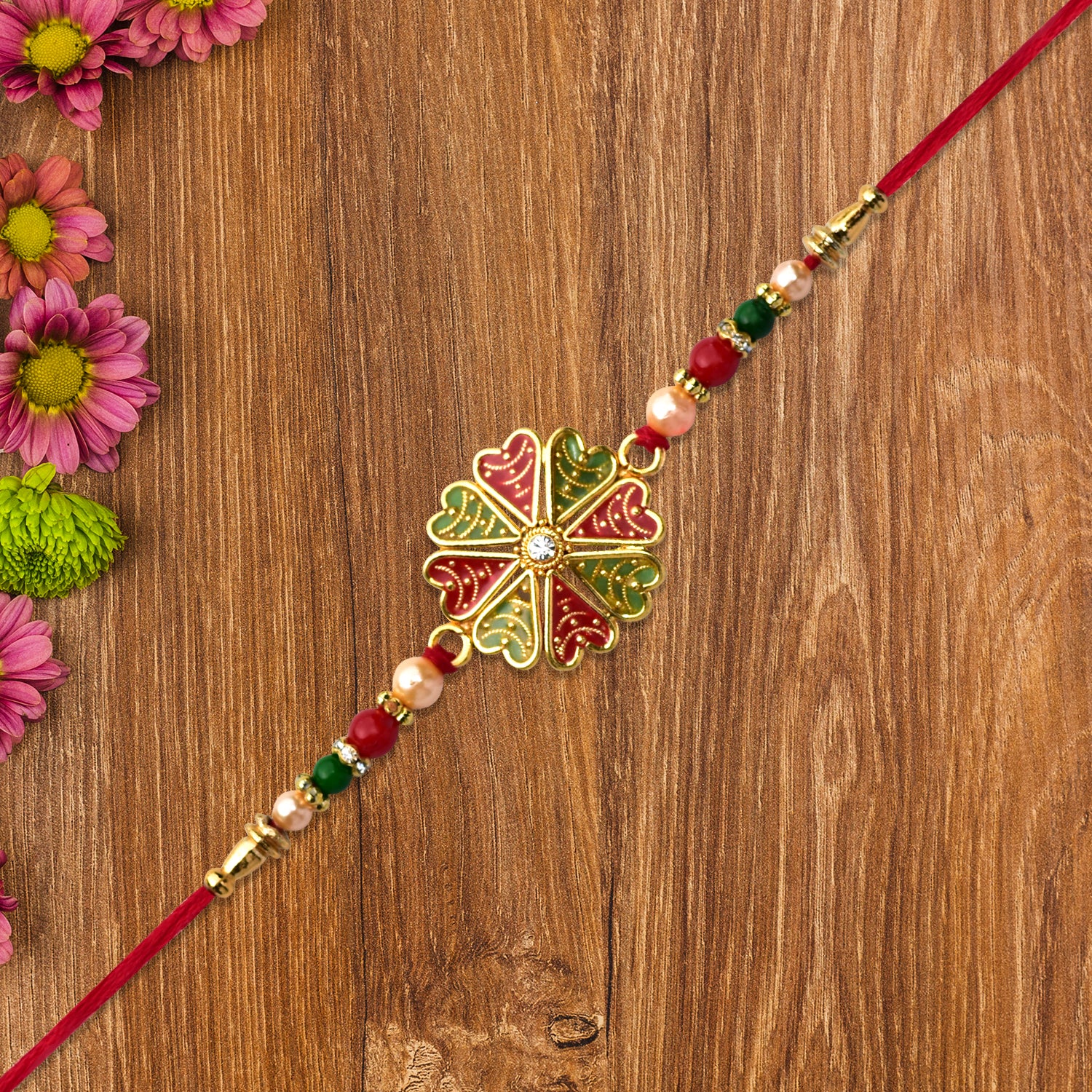 Traditional Kundan Rakhi With Golden Floral Base And Rudraksha Beads - warehousetech13