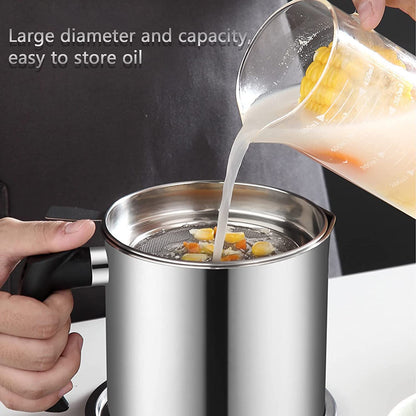 Stainless Steel Oil Strainer Pot with Lid & Filter Mesh | Grease Storage Container with Heat-Resistant Handle & Easy Pour Spout (1 Set)