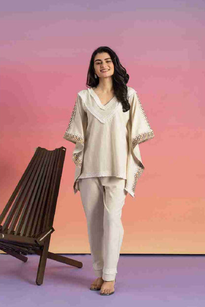 Amaara Embroidered Borders Beige Kaftan Set - warehousetech13