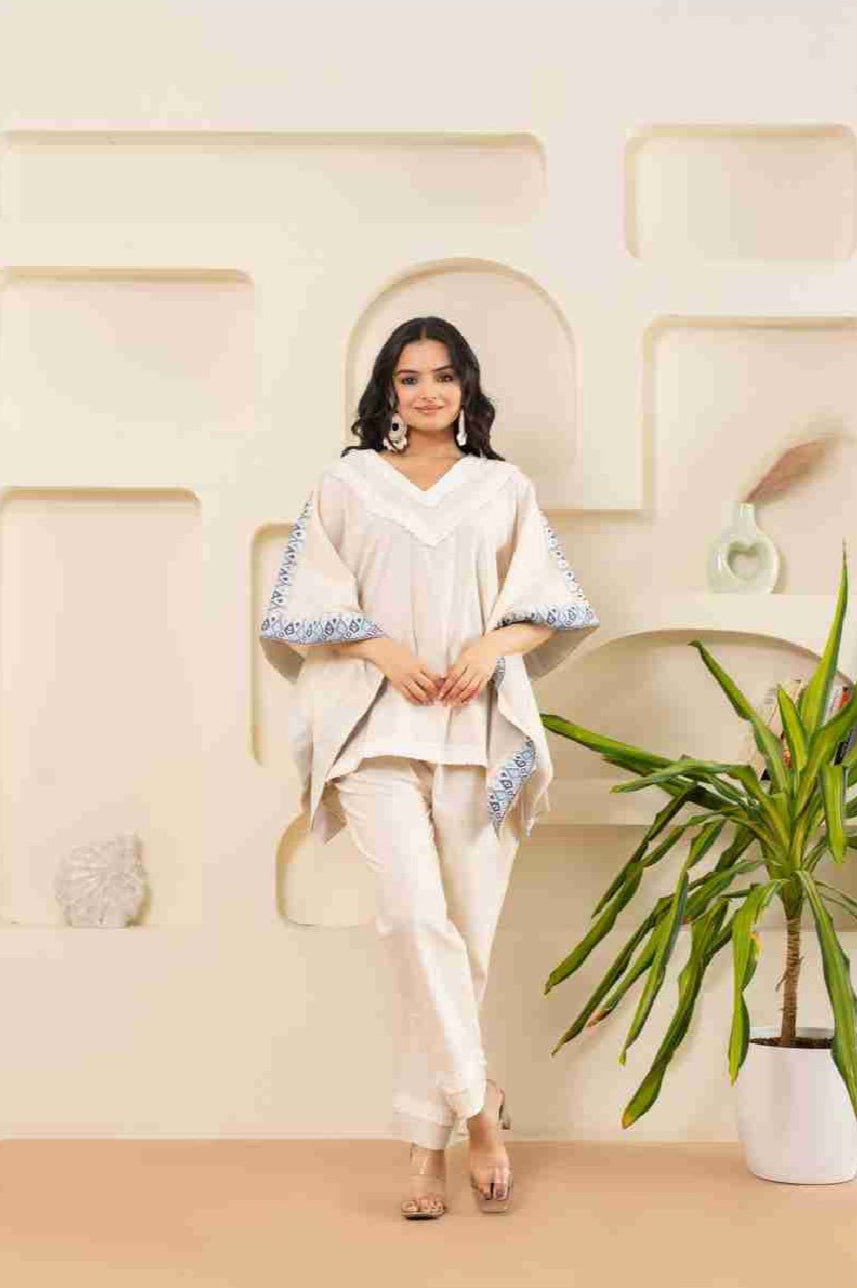 Amaara Embroidered Borders Beige Kaftan Set - warehousetech13
