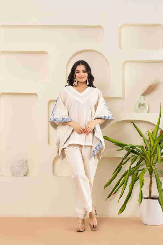 Amaara Embroidered Borders Beige Kaftan Set
