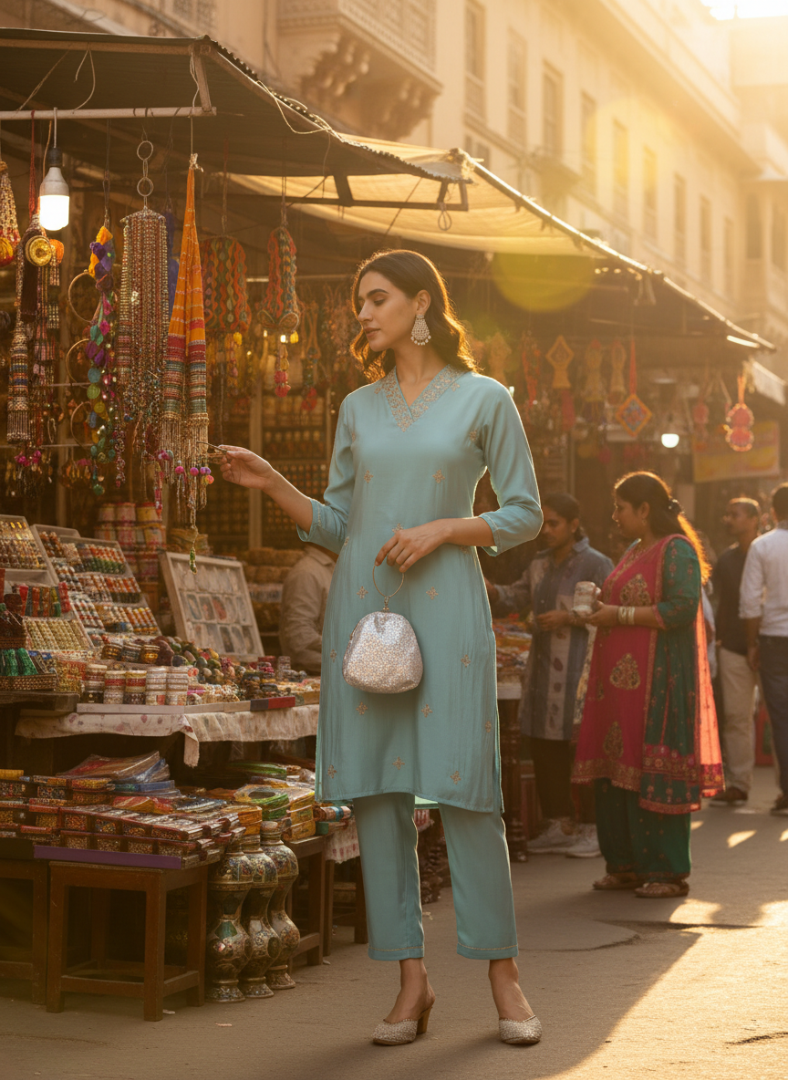 Sky Blue Chanderi Silk Kurta Set with Zari Neckline & Sequin Work
