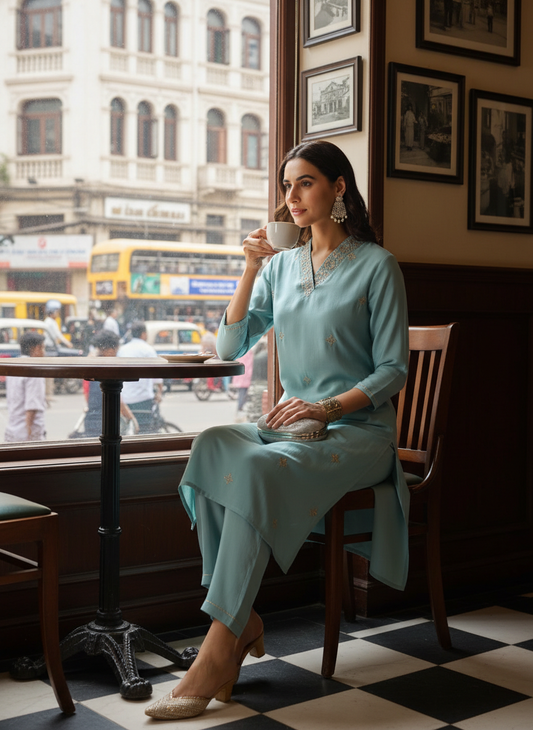 Sky Blue Chanderi Silk Kurta Set with Zari Neckline & Sequin Work