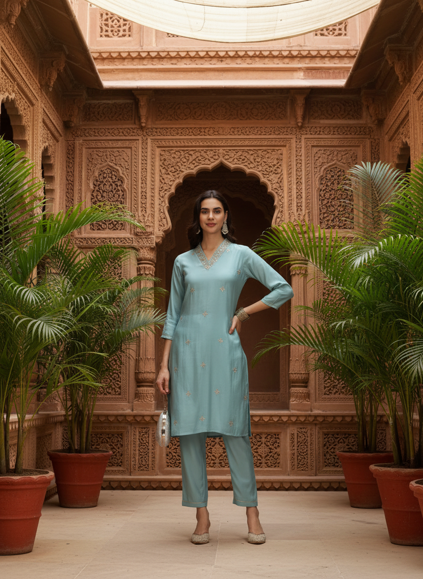 Sky Blue Chanderi Silk Kurta Set with Zari Neckline & Sequin Work