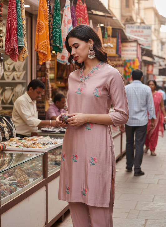 Blush Pink Floral Kota Doriya Kurta Set with Zari Sequin Neckline & Dupatta