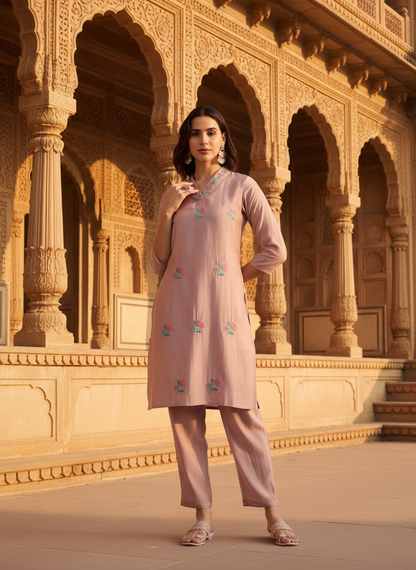 Blush Pink Floral Kota Doriya Kurta Set with Zari Sequin Neckline & Dupatta