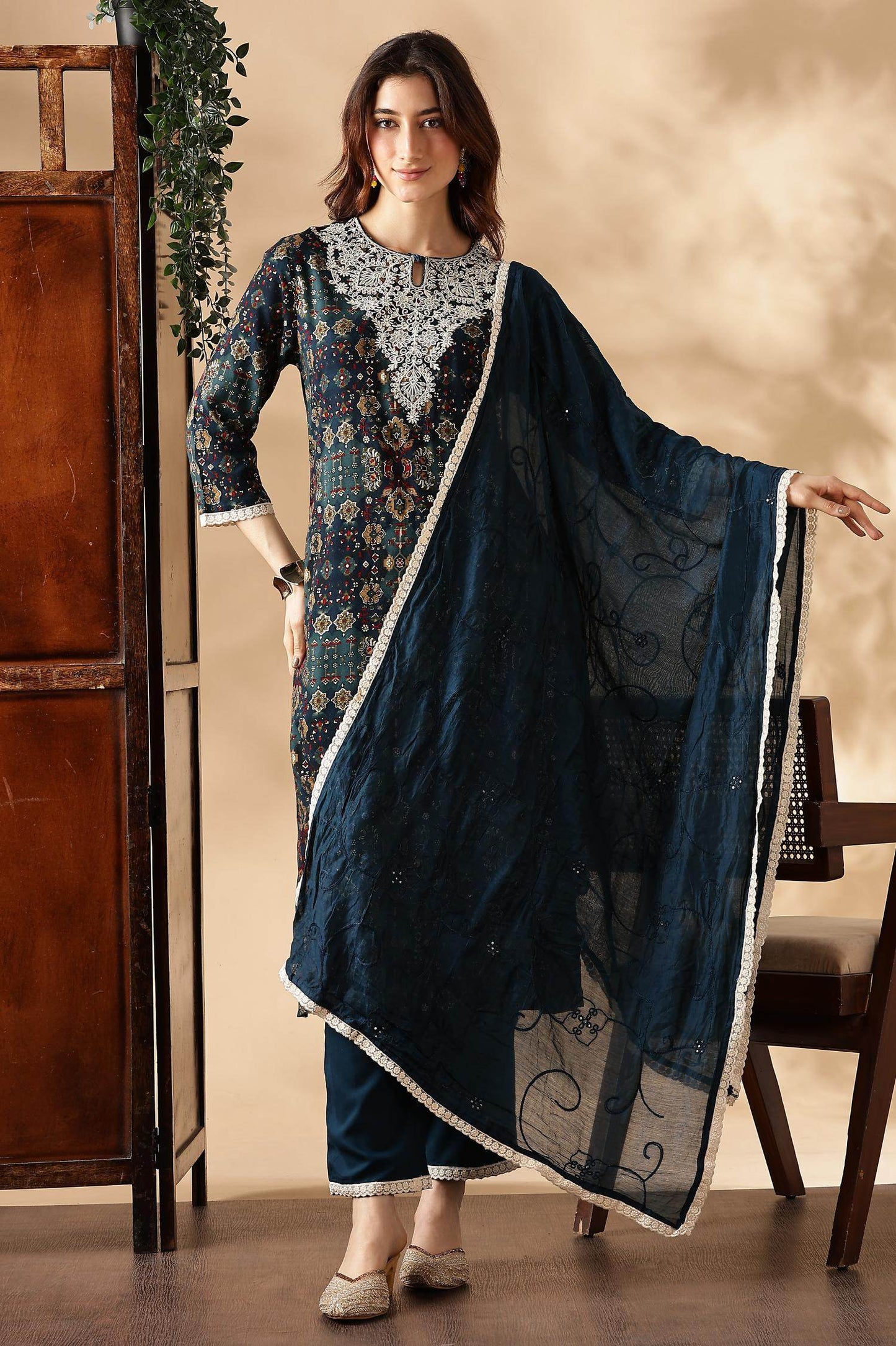 Stylish Anjali Rayon Kurta Set in Wine and Teal with Dupatta