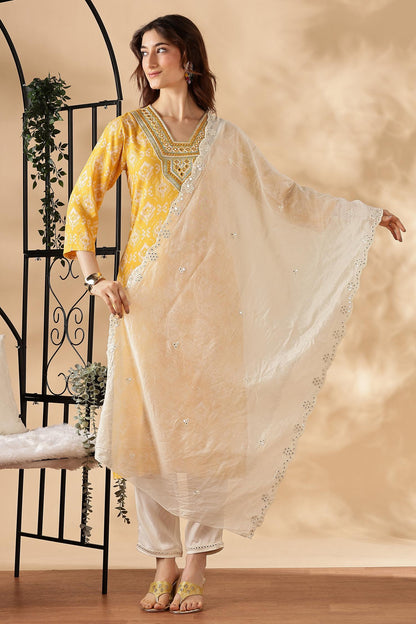 BulBul Sagarika Printed Yellow & Red Rayon Salwar Suit - Soft Breathable Ethnic Wear for Women