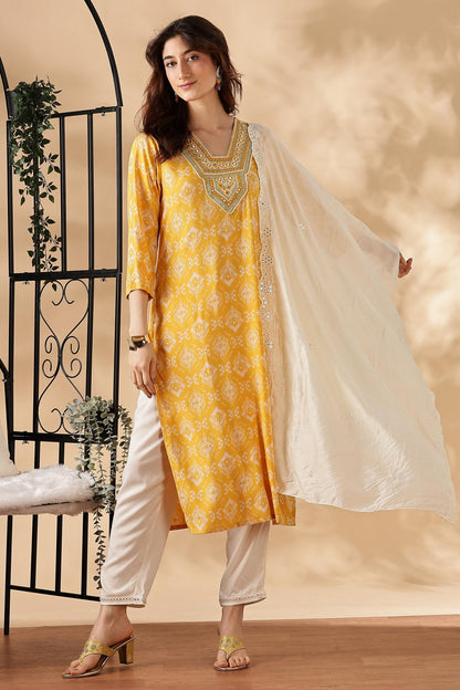 BulBul Sagarika Printed Yellow & Red Rayon Salwar Suit - Soft Breathable Ethnic Wear for Women
