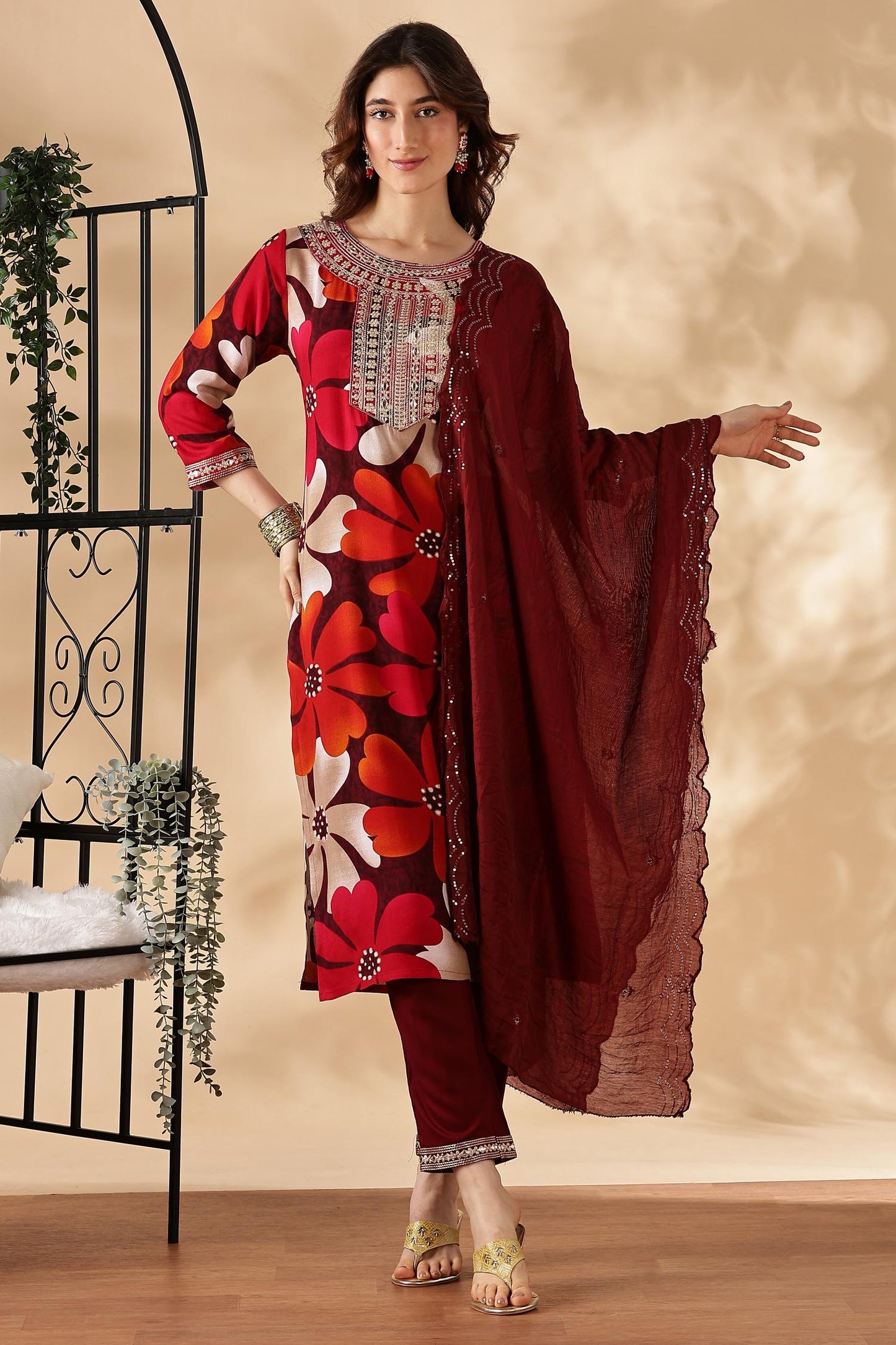 BulBul Roli Floral Printed Red & Grey Rayon Salwar Suit for Women | Elegant Ethnic Wear Set
