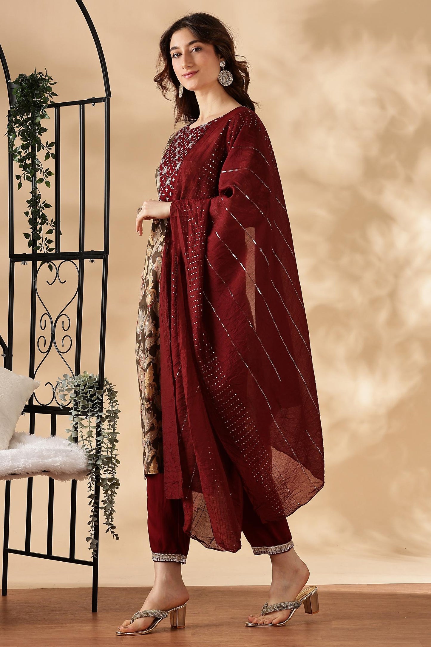BulBul Areba Printed Wine & Olive Rayon Salwar Suit for Women – Elegant Ethnic Wear Set