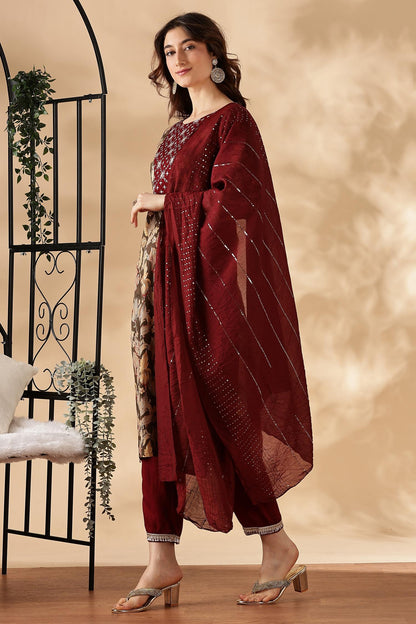 BulBul Areba Printed Wine & Olive Rayon Salwar Suit for Women – Elegant Ethnic Wear Set