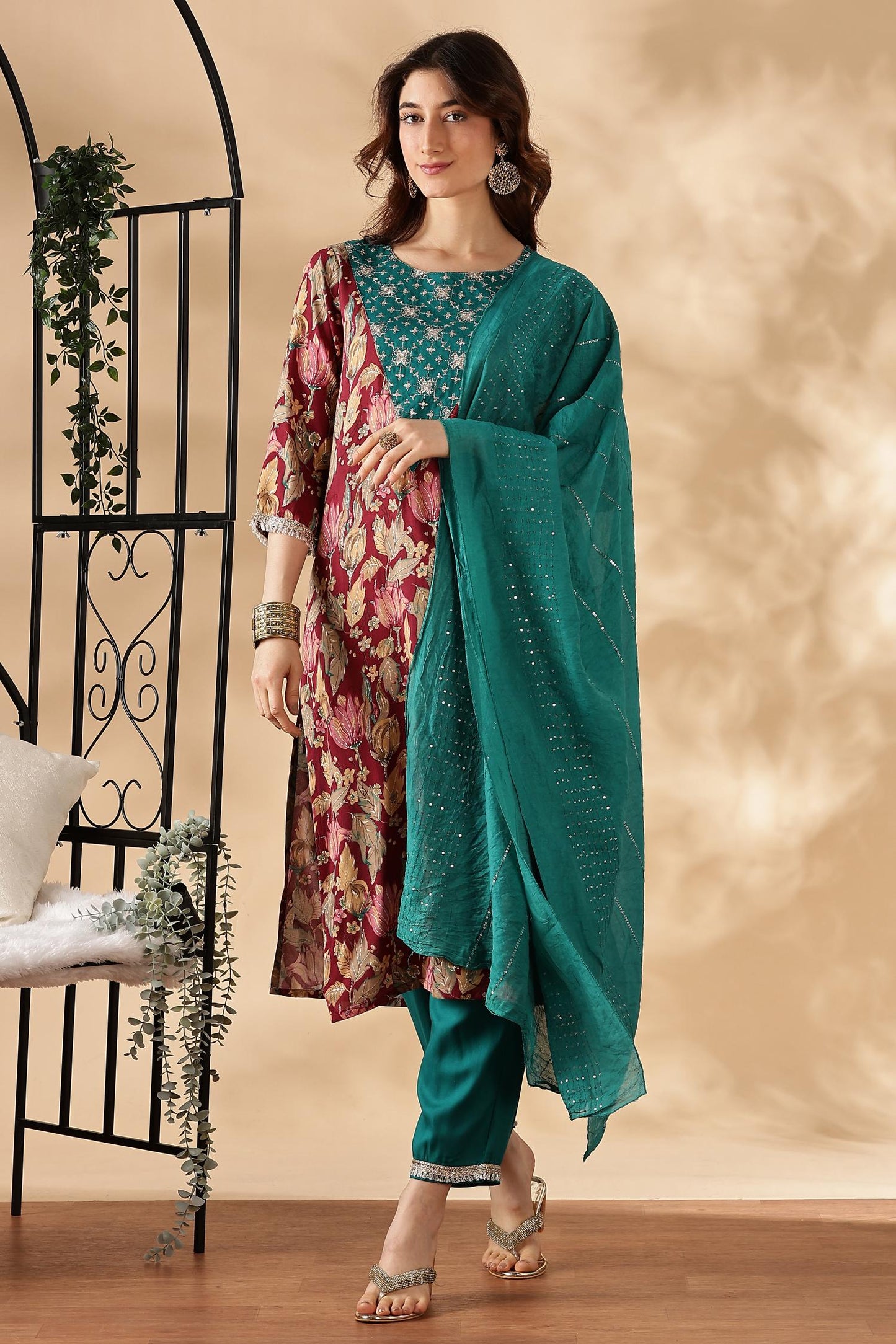 BulBul Areba Printed Wine & Olive Rayon Salwar Suit for Women – Elegant Ethnic Wear Set