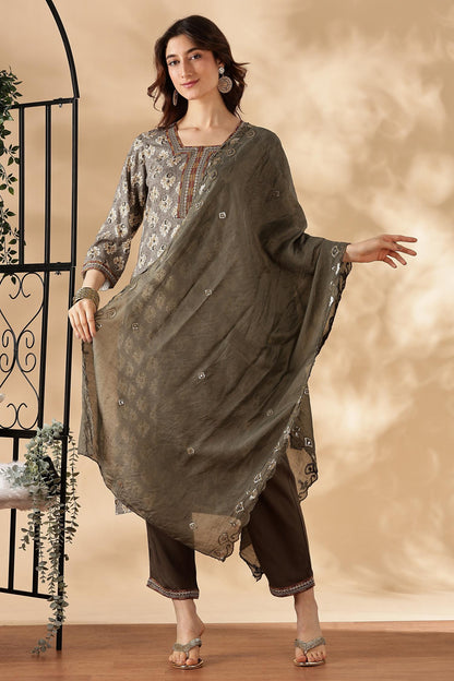 BulBul Shamaira Printed Grey & Rust Rayon Salwar Suit - Lightweight, Stylish Ethnic Wear for Women