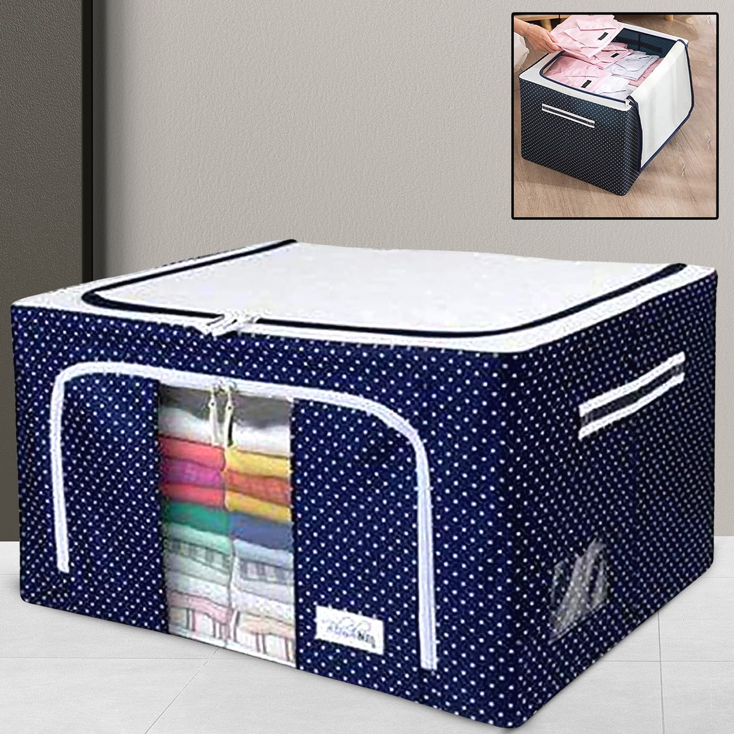 17641 Foldable Steel Frame Clothes Living Storage Organizer Handled Bag Box For Large Size Bedding Blankets Women Saree Toys Cloth Storage Box Bag (66 Liter) - warehousetech13