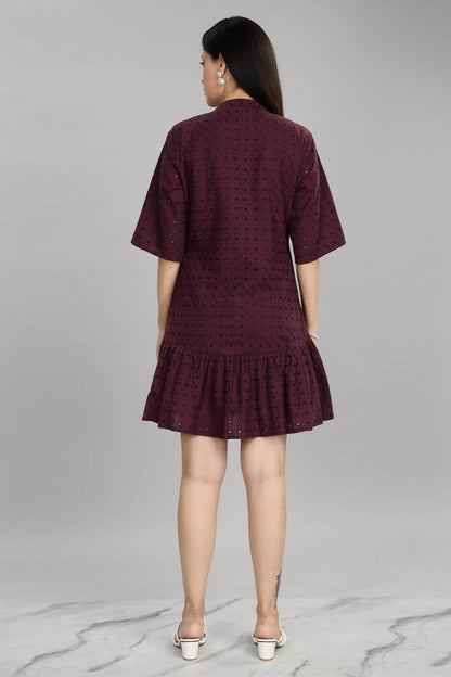 BulBul Women's Wine Cotton Schiffli Short Dress