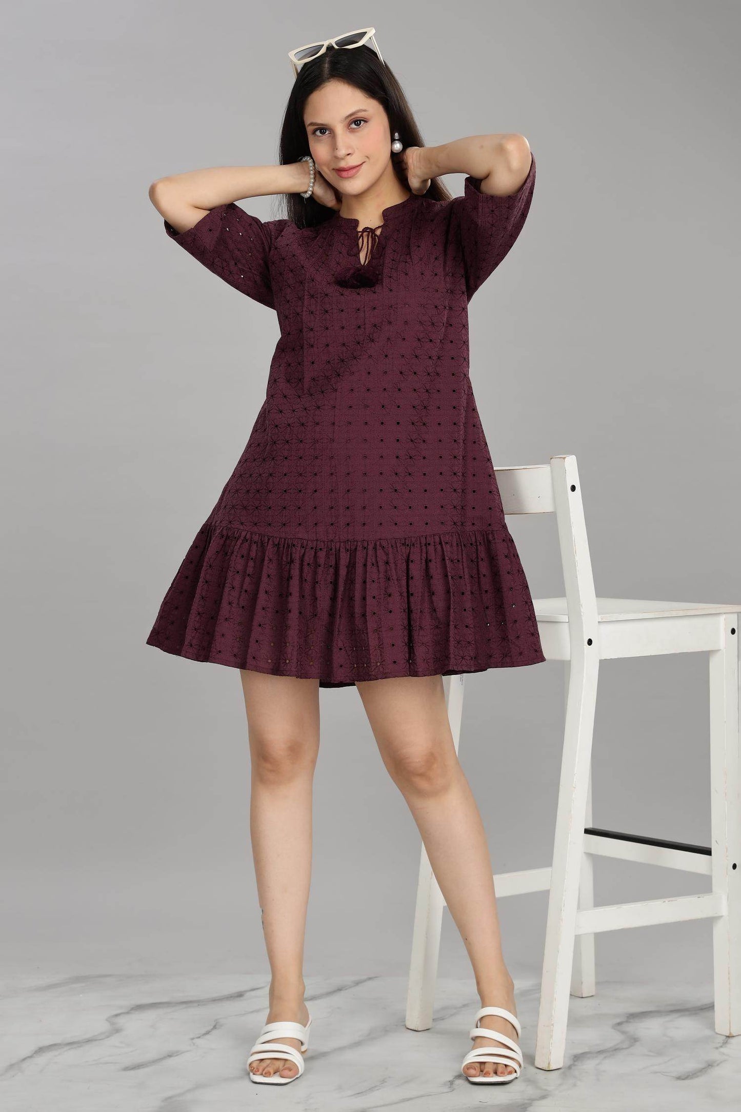 BulBul Women's Wine Cotton Schiffli Short Dress