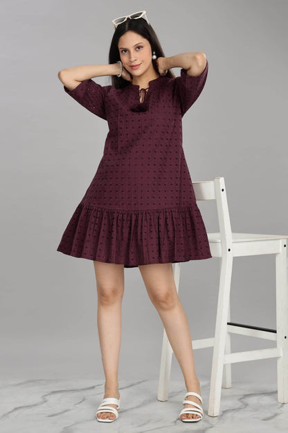 BulBul Women's Wine Cotton Schiffli Short Dress