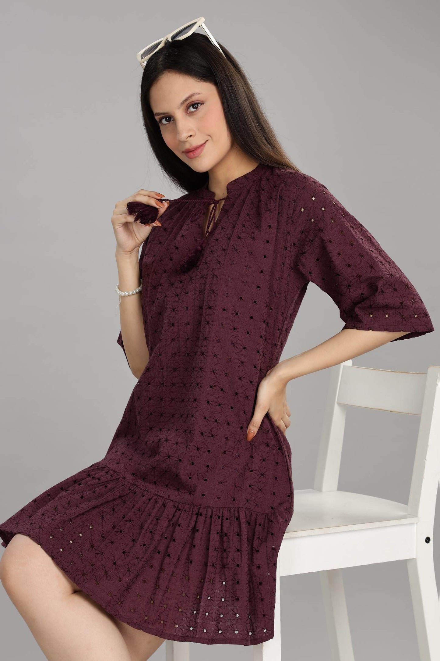 BulBul Women's Wine Cotton Schiffli Short Dress